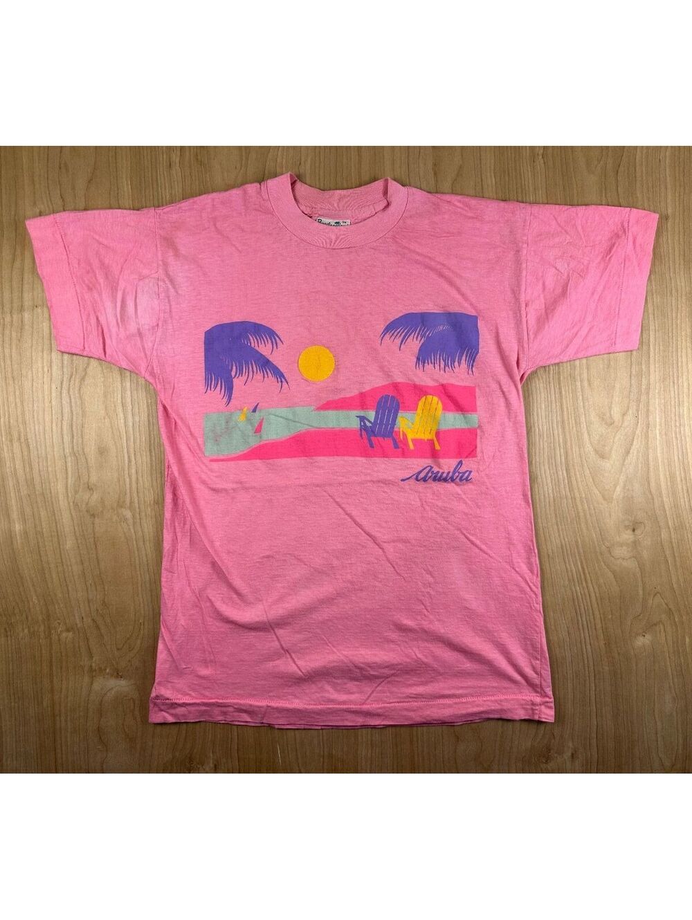 Vintage 80s Aruba tshirt Single Stitch small colorful pastel blockprint tourist